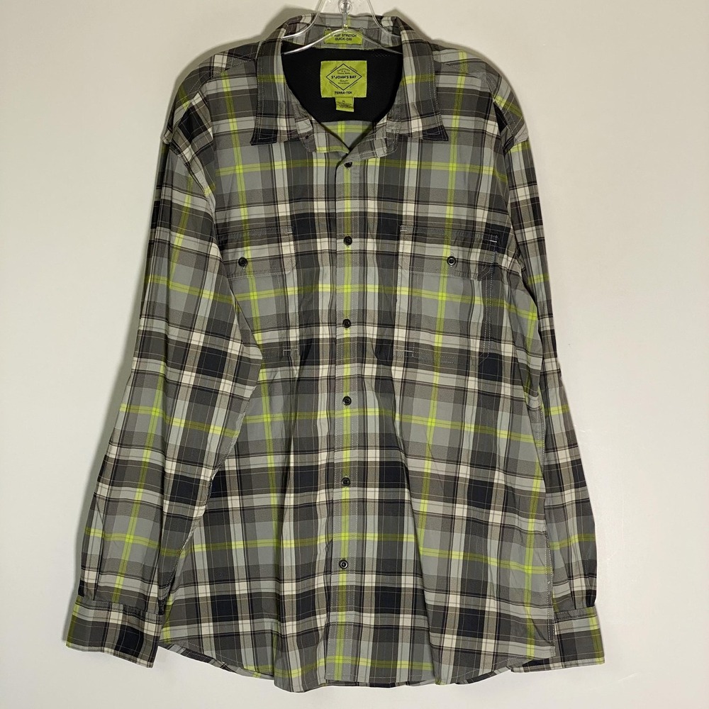 St. John's Bay Shirt Mens XL Gray Plaid Quick Dry Stretch Long Sleeve Button Up